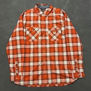 Carhartt XL Tall Relaxed Fit Pearl Snap Rugged Flex Orange Plaid‎ Shirt
